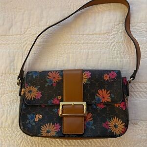 Leather-Trim Floral Shoulder Bag in Black and Brown